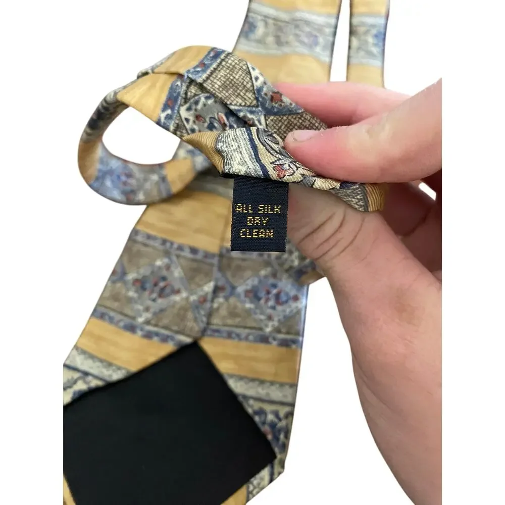 Etienne Aigner Silk Tie Gold Blue Floral Geometric Made In USA‎
